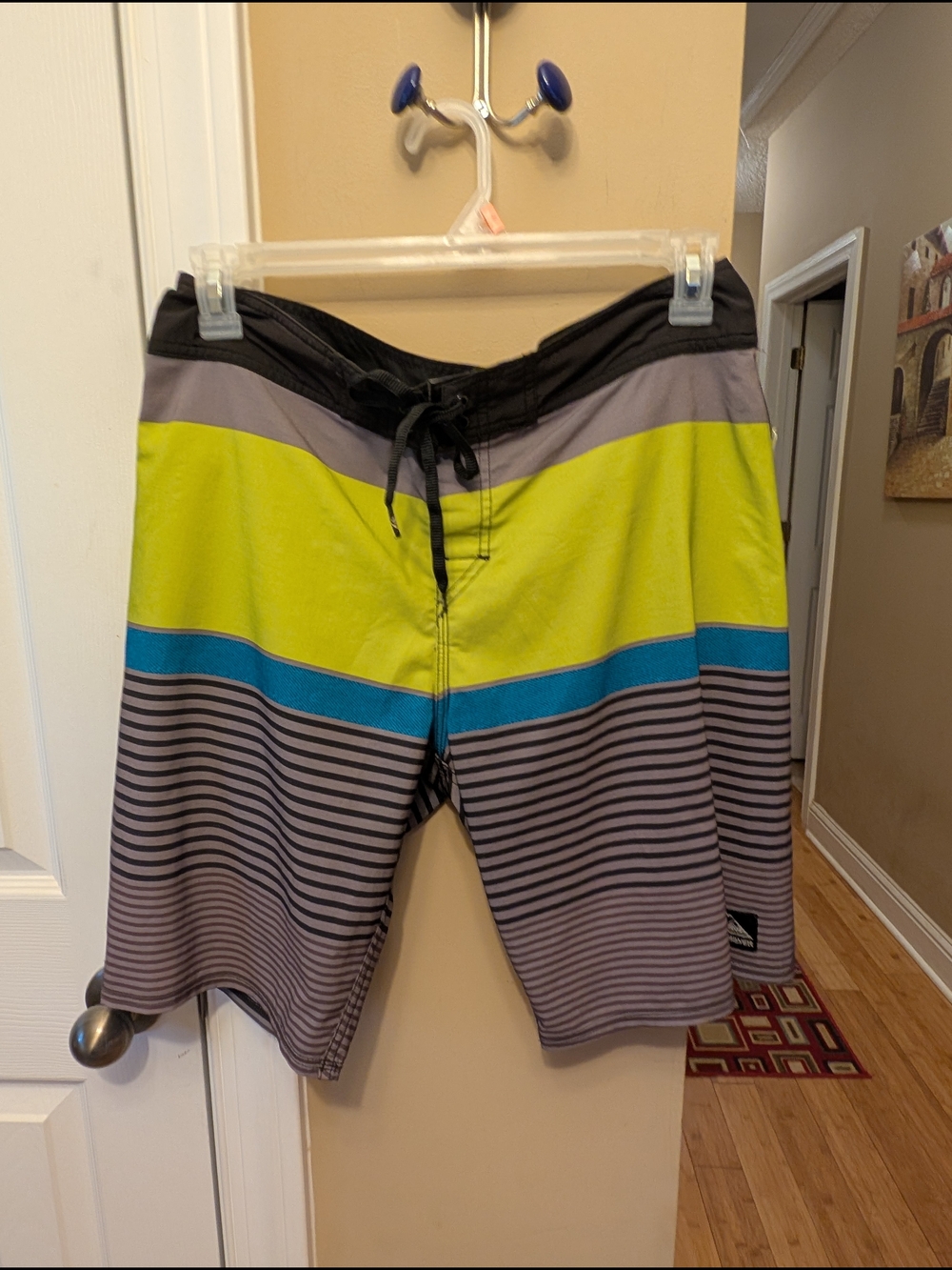 Quiksilver Men’s Lime, Gray & Blue Striped Board Shorts